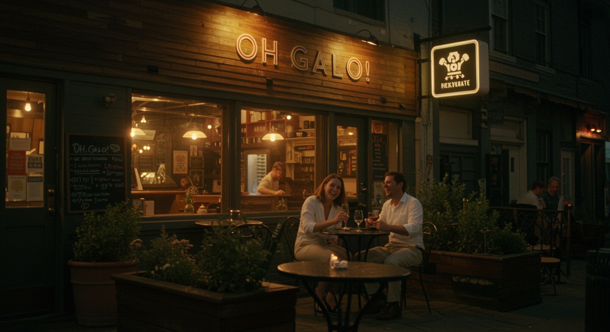 "Bar-restaurante OH GALO! en una velada, con patio exterior, mesas de hierro forjado y clientes disfrutando de la comida y vino bajo una suave luz cálida."