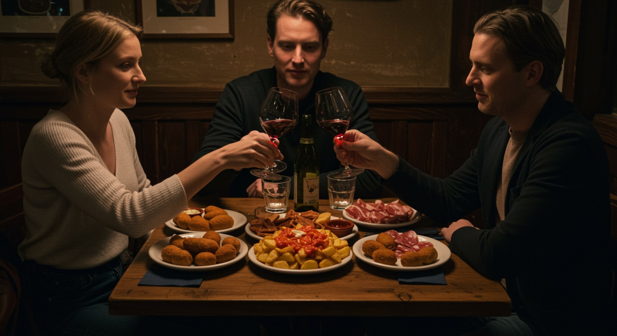 "Amigos disfrutando de una cena española con patatas bravas, croquetas y vino en un bar rústico."
