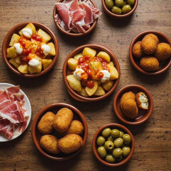 "Deliciosas tapas españolas en una mesa de madera rústica: patatas bravas, croquetas, jamón ibérico y aceitunas, en un bar moderno de Madrid."
