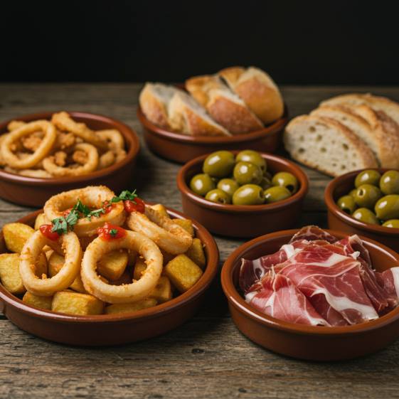 "Deliciosas tapas españolas como patatas bravas, calamares, jamón ibérico y aceitunas, presentadas en una mesa de madera envejecida."