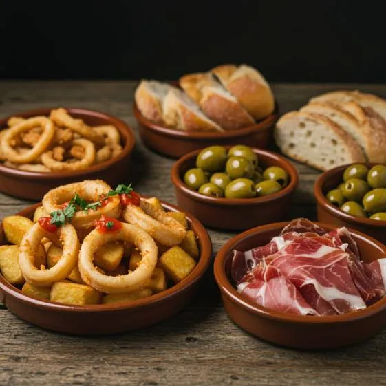 "Deliciosas tapas españolas como patatas bravas, calamares, jamón ibérico y aceitunas, presentadas en una mesa de madera envejecida."