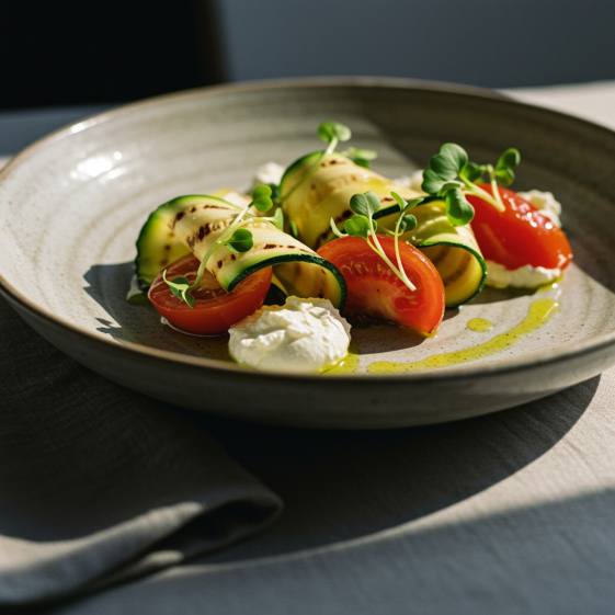 "Plato elegante de aperitivos con cintas de calabacín a la parrilla, tomates heirloom, queso de cabra cremoso y microgreens, presentado en cerámica artesanal en Oh Galo."