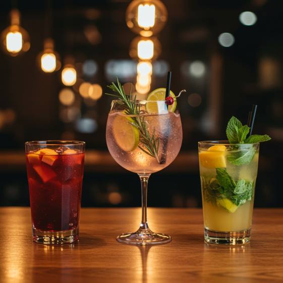 "Imagen de tres cócteles exclusivos en un bar elegante de Madrid: sangría roja con frutas, gin tonic rosado con romero y mojito de mango con menta, iluminados por luces Edison."