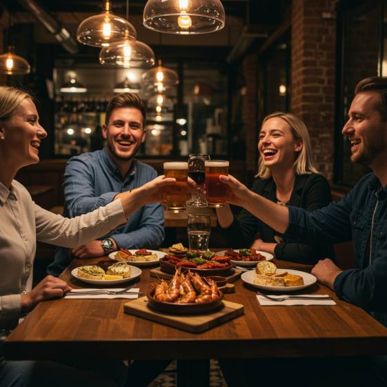 "Grupo de amigos disfrutando tapas y brindando con vino en un restaurante acogedor y elegante, con un ambiente cálido y platos de mariscos, chorizo y queso."