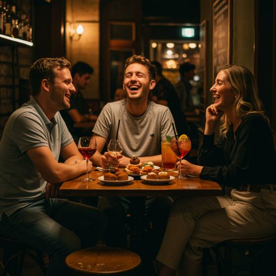 "Amigos disfrutando de tapas y cócteles en un acogedor bar-restaurante de Madrid, rodeados de un ambiente animado y cálido."