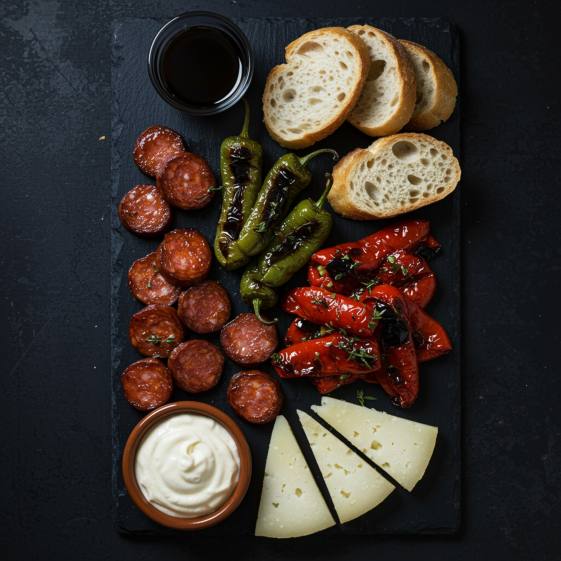 "Plato de raciones españolas con chorizo al vino, pimientos asados, queso manchego, alioli y baguette, presentado sobre una pizarra oscura en un estilo rústico gourmet."
