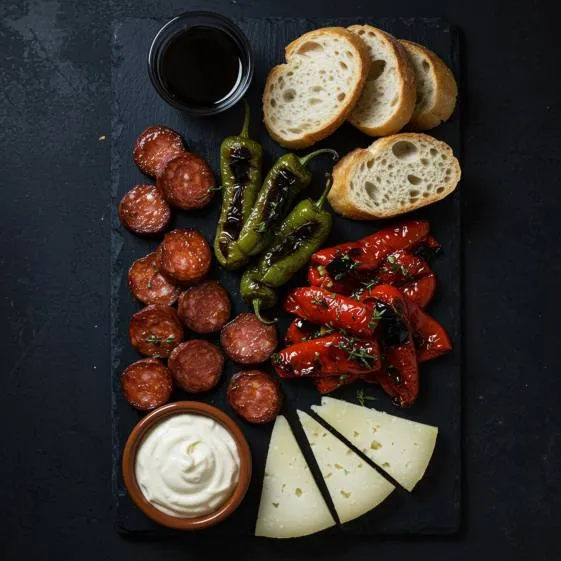 "Plato de raciones españolas con chorizo al vino, pimientos asados, queso manchego, alioli y baguette, presentado sobre una pizarra oscura en un estilo rústico gourmet."