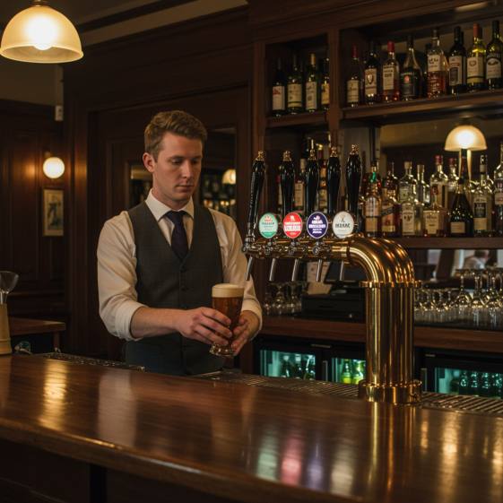 "Bartender rubio sirviendo cerveza artesanal ámbar en un bar de madera pulida con botellas de vino y grifos de cerveza de latón, en un ambiente acogedor y moderno."