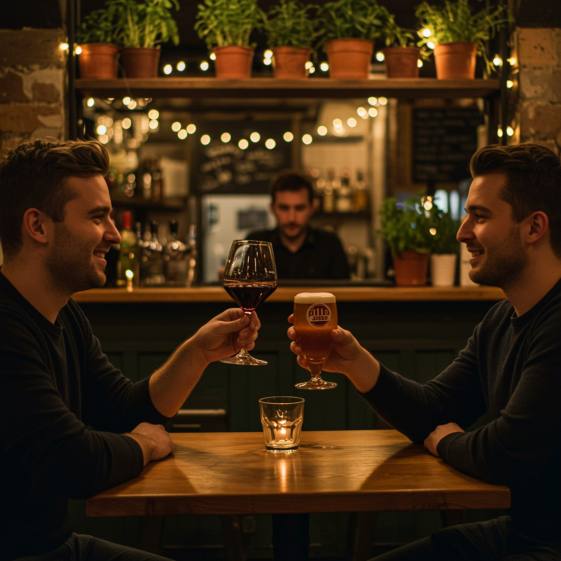 "Amigos brindando con vino tinto y cerveza artesanal en el acogedor bar-restaurant Oh Galo, rodeados de luces suaves y un ambiente cálido."