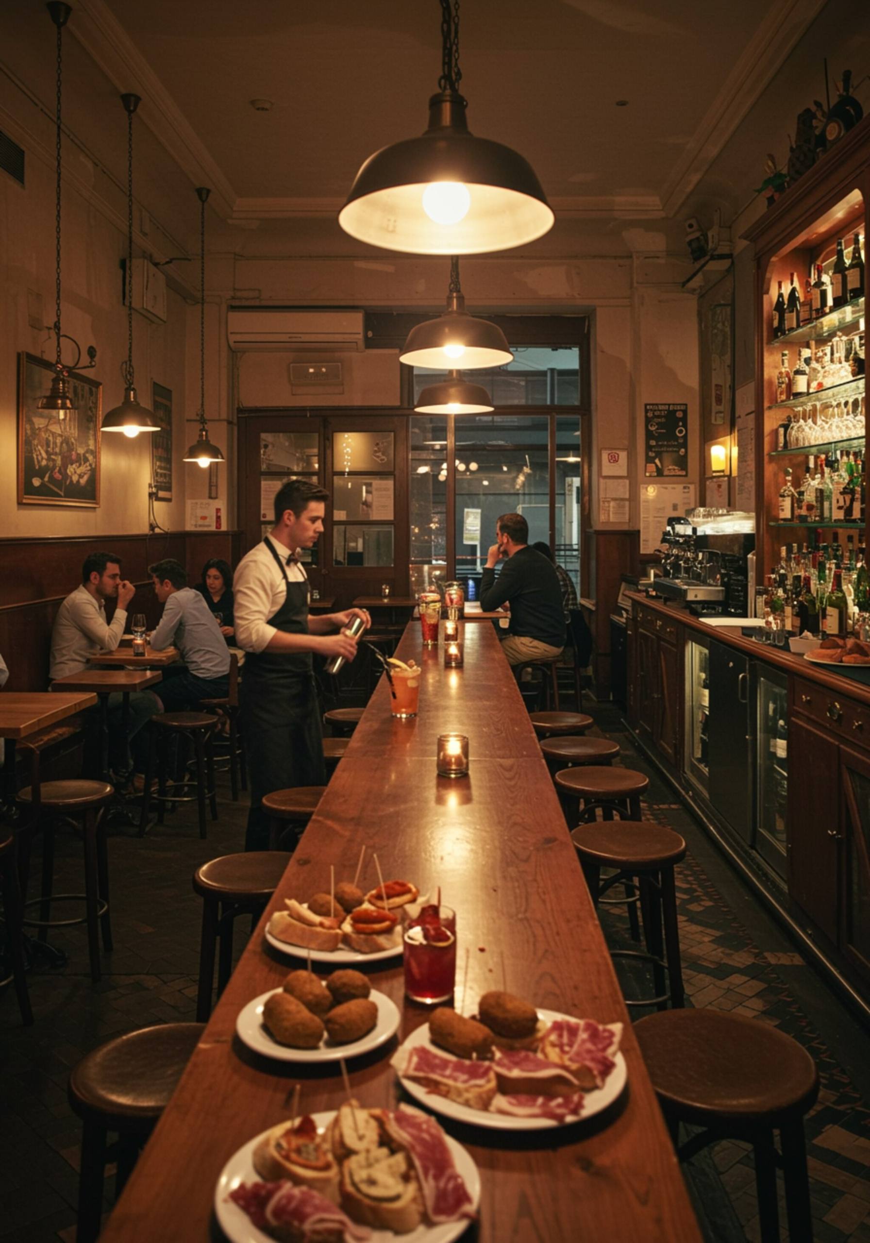 "Interior acogedor de un bar-restaurante en Madrid con iluminación cálida, mesas de madera rústica, bartender preparando cócteles y comensales disfrutando tapas como croquetas y jamón ibérico."