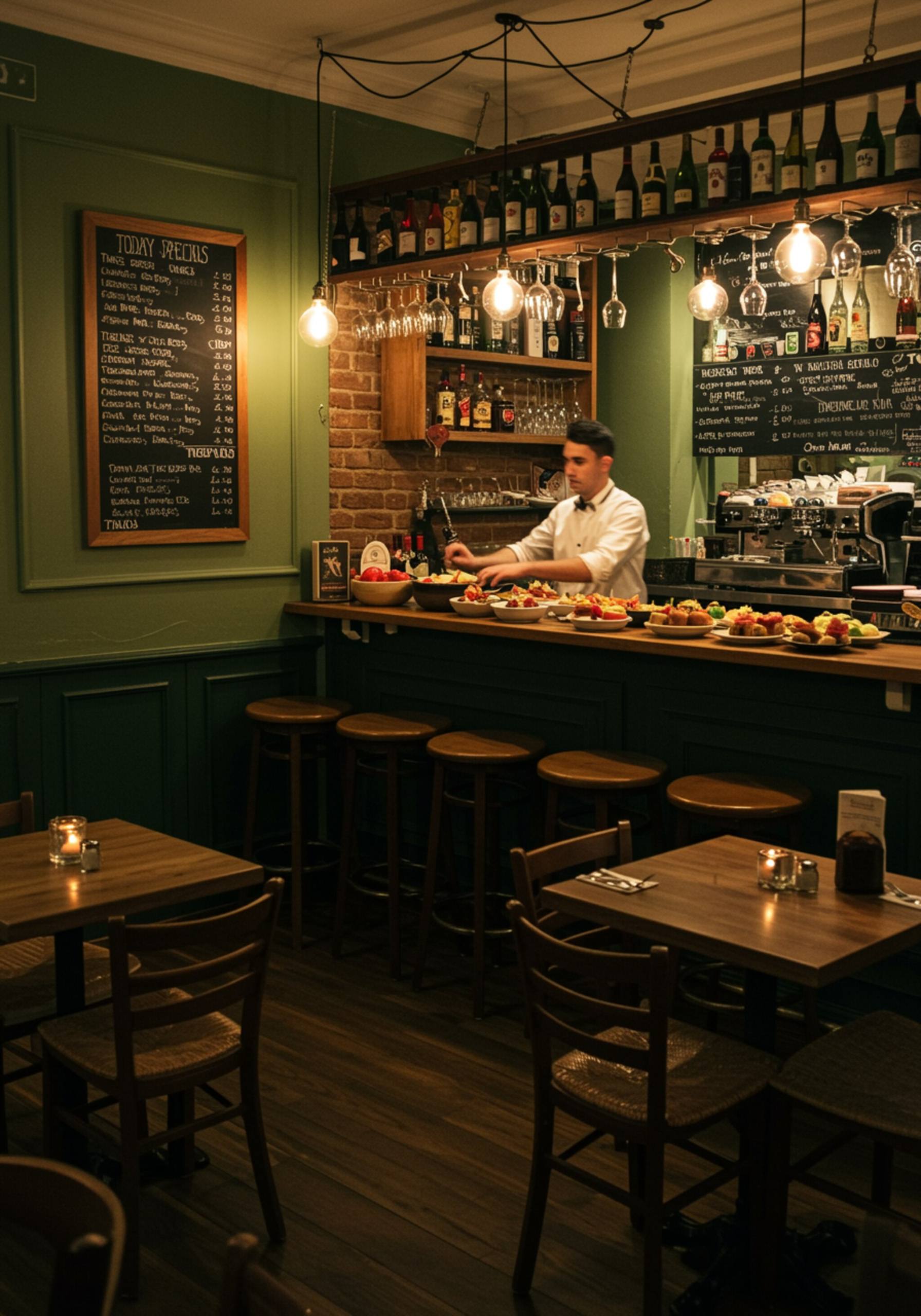 "Interior acogedor de un bar-restaurante español con tapas generosas, mesas de madera rústica y ambiente cálido, ideal para disfrutar de una experiencia gastronómica auténtica."