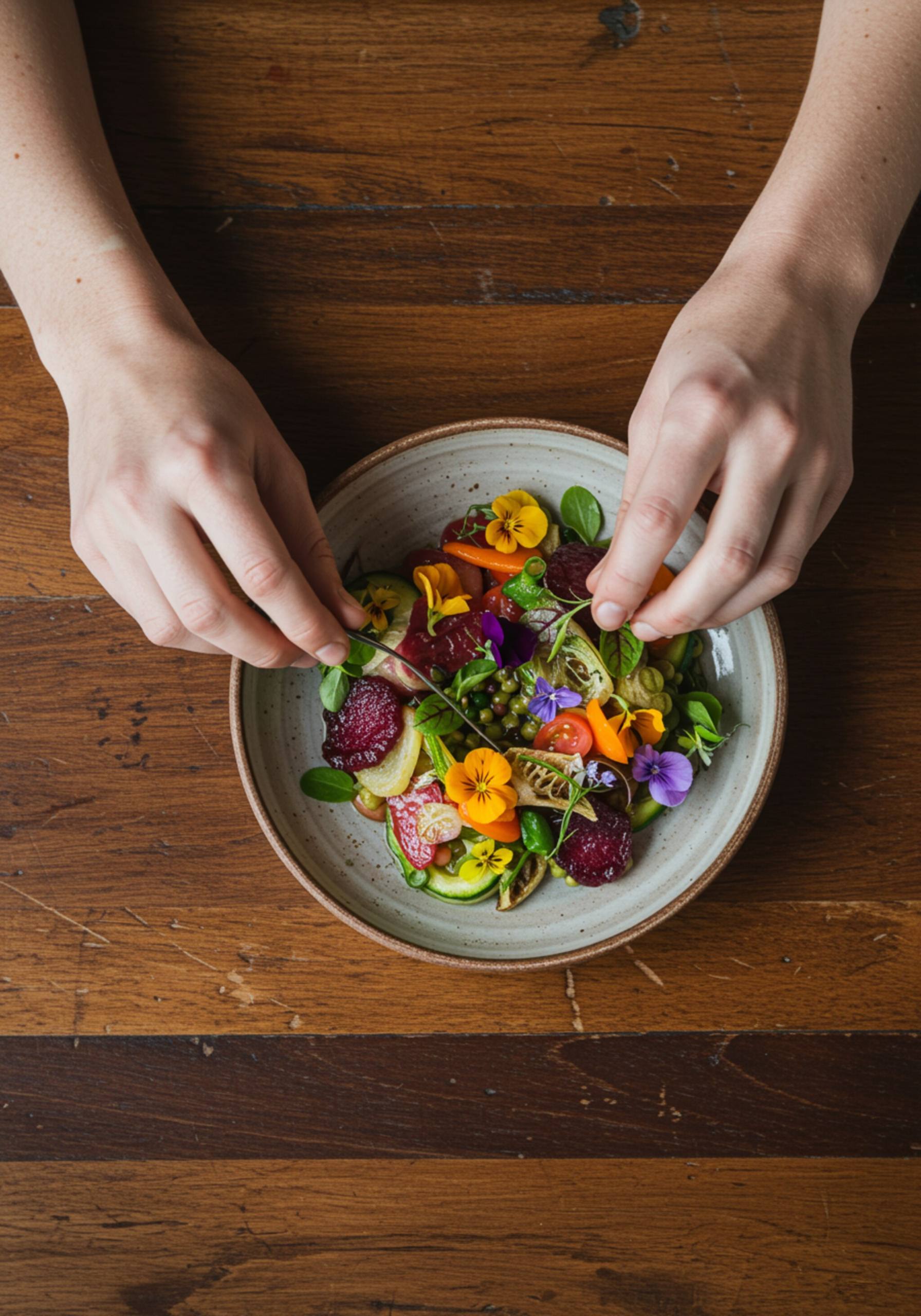 "Chef blanco presenta un plato colorido y fresco con flores comestibles en un restaurante acogedor, ideal para el menú diario de Oh Galo."